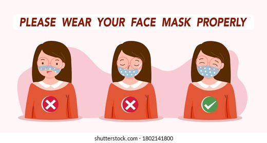 Information on wearing a face mask properly for poster. Girl characters showing right and wrong way of using fabric cloth covered face mask. Flat vector illustration