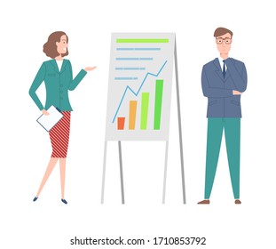 Information on whiteboard vector, woman and boss showing new concept and idea of business project, secretary with documents and papers flat style