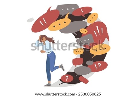 Information overload causes panic in woman fleeing wave of dialogue bubbles and conversation clouds. Girl is trying to use information detox and temporary refusal to receive correspondence
