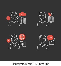 Information overload chalk icons set. Consists of instant messaging, data duplication, information ecology, info age. Isolated vector illustrations on chalkboard
