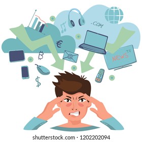 Information overload concept. Burnout by information overload by electronic devices. Man under pressure overwhelmed by information.