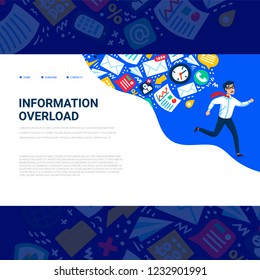 Information overload concept. Horizontal template with Young man running away from information stream pursuing him. Usable for web banner, articles, infographics. Colorful vector flat illustration