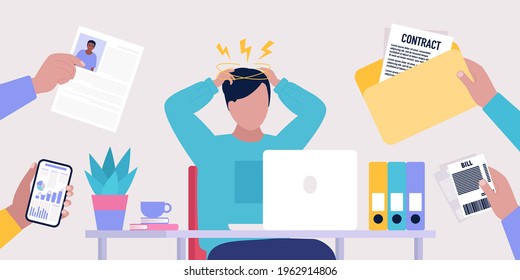 Concepto de sobrecarga de información. El concepto de agotamiento profesional y estrés. Ilustración vectorial en un estilo plano