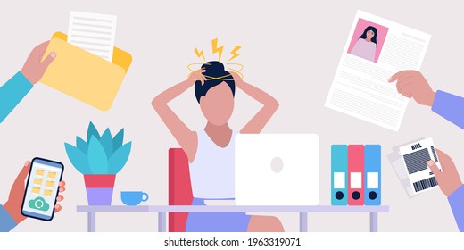 Information overload concept. Professional burnout and stress concept. Vector illustration in a flat style