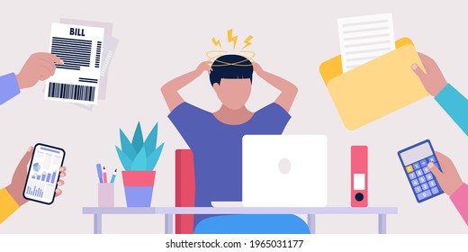 Information overload concept. Professional burnout and stress concept. Vector illustration in a flat style