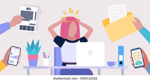 Concepto de sobrecarga de información. El concepto de agotamiento profesional y estrés. Ilustración vectorial en un estilo plano