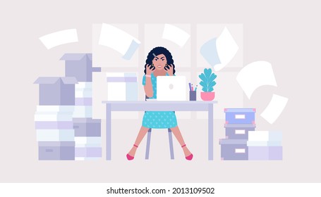 Concepto de sobrecarga de información. Concepto de agotamiento profesional. Plazo. Brote emocional. Ilustración vectorial en un estilo plano