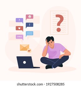 Information overload concept. Stressed man gets too much information in network.