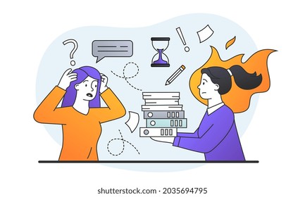 Information overload concept. Women with documents do not have time to complete task on deadline. Stress at work and emotional burnout. Cartoon flat vector illustration isolated on white background