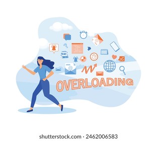 Information overload concept. Young woman running away from information stream. Concept of person overwhelmed by information. flat vector modern illustration 