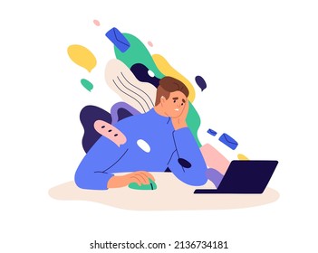 Information overload and data excess concept. Stressed person in info flood, reading multiple internet media, news and lot of online messages. Flat vector illustration isolated on white background
