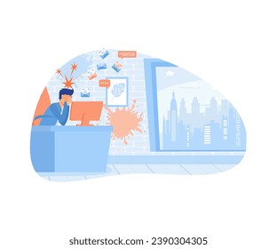 Information overload and data excess concept. Stressed person in info flood, reading multiple internet media, news and lot of online messages. flat vector modern illustration 