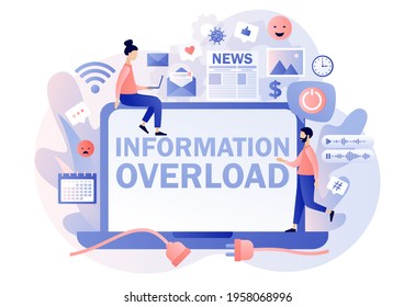 Information overload. Information detox. Tiny people protecting themselves from flow of information and news turning off laptop. Digital detox. Modern flat cartoon style. Vector illustration