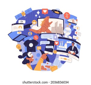 Information overload and excess concept. Surfing internet with lot of info chaos, flow of digital trash and online data flood in social media. Flat vector illustration isolated on white background