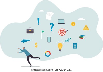 Information overload, excess distraction or overworked, overwhelmed data consume, problem with schedule or workload.business concept.flat character.