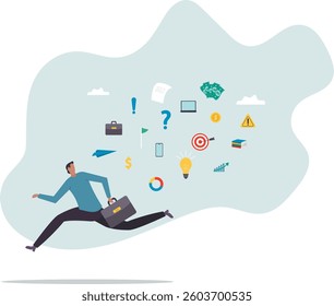 Information overload, excess distraction or overworked, overwhelmed data consume, problem with schedule or workload.character for design.