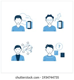 Information Overload Flat Icons Set. Consists Of Cognitive Dissonance, Comparative Research Method, Data Smog, New Info Rate. Vector Illustrations