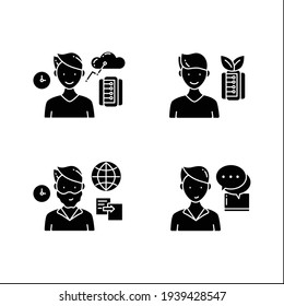 Information overload glyph icons set. Consists of instant messaging, data duplication, information ecology, info age.Filled flat signs. Isolated silhouette vector illustrations 
