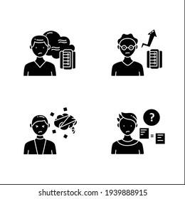 Information Overload Glyph Icons Set. Consists Of Cognitive Dissonance, Comparative Research Method, Data Smog, New Info Rate. Filled Flat Signs. Isolated Silhouette Vector Illustrations