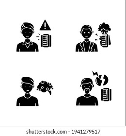 Information overload glyph icons set. Consists of continuous partial attention, information explosion, Fake info, anxiety.Filled flat signs. Isolated silhouette vector illustrations
