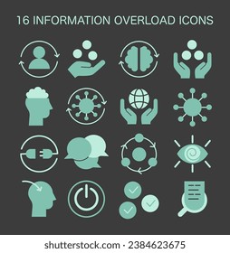 Juego de iconos de sobrecarga de información. Elementos gráficos que representan fatiga cerebral, manejo de datos y estrés inducido por la tecnología. Navegar por el exceso digital en la vida moderna. Ilustración vectorial plana