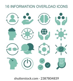 Information Overload Icons Set. Grafische Elemente, die Gehirnmüdigkeit, Datenmanagement und technologiebedingten Stress darstellen. Überfahren Sie digitale Exzesse im modernen Leben. Flache Vektorgrafik