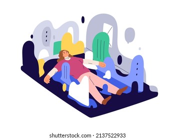 Information overload, infoxication concept. Tired stressed person in info chaos, flood. Pressure of multiple social media and lot of data excess. Flat vector illustration isolated on white background