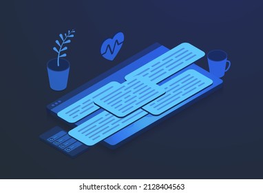 Information Overload isometric concept. Multitasking, Infoxication and overwhelmed with work messages. Missing deadlines and professional burnout. Gadgets with a lot of important messages illustration