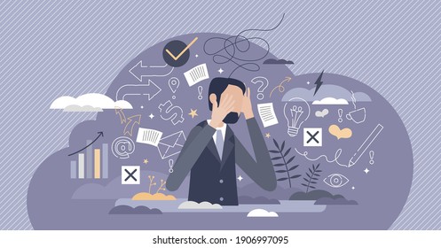 Information overload or job burnout with stress and chaos tiny person concept. Busy businessman with panic about many duties and tasks vector illustration. Ineffective multitasking with work anxiety.