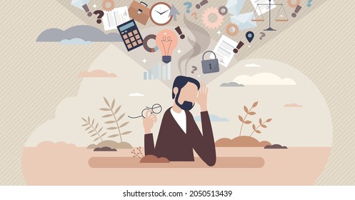 Information overload or job burnout with stress tiny person concept. Busy businessman is tired about many duties and tasks vector illustration. Ineffective multitasking with work anxiety. TMI in data.