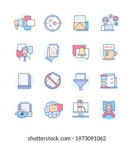 Information overload - line design style icons set. Internet addiction, emotional burnout. Emails, deadline, multitasking, news, chatting, difficulty focusing. Screen-Free Zone sign, digital detox