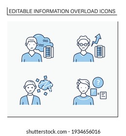 Information Overload Line Icons Set. Consists Of Cognitive Dissonance, Comparative Research Method, Data Smog, New Info Rate.Isolated Vector Illustrations. Editable Stroke