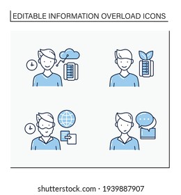Information overload line icons set. Consists of instant messaging, data duplication, information ecology, info age.Isolated vector illustrations. Editable stroke