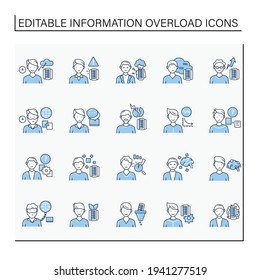 Juego de iconos de línea de sobrecarga de información. Consiste en edad de información, smog de datos, contaminación de información y ecología, acción en internet, etc. Ilustraciones vectoriales aisladas. Trazo editable