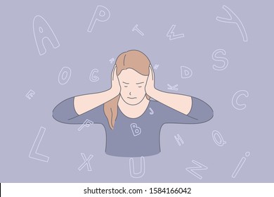 Information overload, mental exhaustion, professional burnout concept. Young woman annoyed with workplace pressure. Overworked employee refusing to listen, covering ears with hands. Simple flat vector