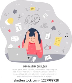 Information overload and multitasking problems concept. Flat and handdrawn vector illustration