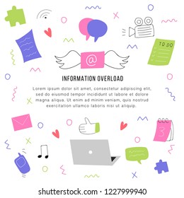 Information overload and multitasking problems concept. Flat and handdrawn vector illustration