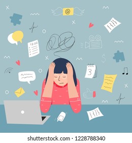 Information overload and multitasking problems concept. Flat and handdrawn vector illustration