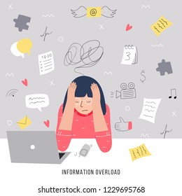 Information overload and multitasking problems concept. Flat and handdrawn vector illustration