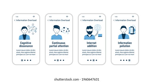 Information Overload Onboarding Mobile App Screens.Consists Of Cognitive Dissonance, Partial Attention, Internet Addition,info Pollutionsteps Menu.Set Of UI,UX,web Template With RGB Color Linear Icons