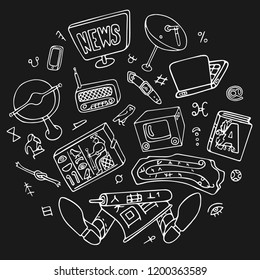 Information overload picture with a man lying under a pile of information in various forms from a runestone to contemporary mediadevices.