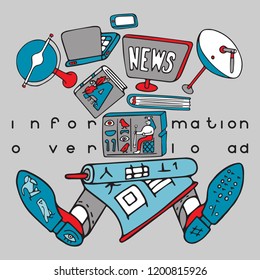 Information overload picture with a man lying under a pile of information in various forms from a runestone to contemporary mediadevices.