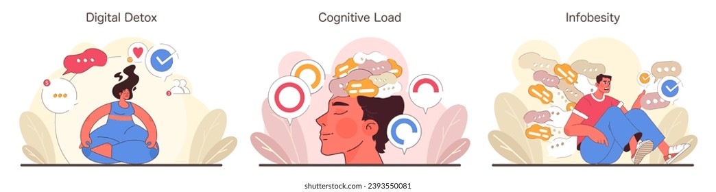 Information Overload set. Balancing digital diet, managing cognitive demands, confronting data deluge. Mental wellness, mindfulness, and filtering excess in the digital age. Flat vector illustration.