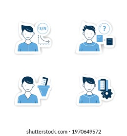 Information overload stickers set.Consists of low signal, info filtering, comparative research method, Infomanagement badges for designs. Information overloading vector emblem