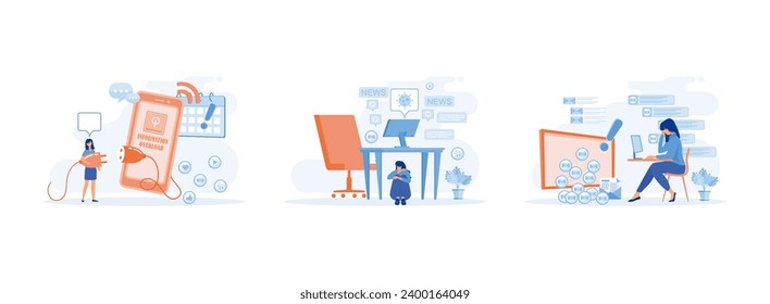 Information overload. Stressed person in info flood. Girl protecting themselves from flow of information and news turning off smart phone. Information overload se flat vector modern illustration