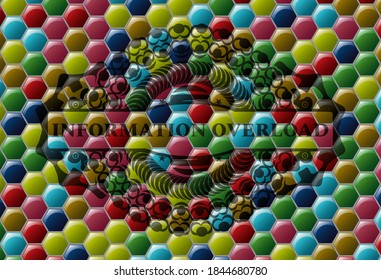 Information overload text inside Colorful candy badge. Hexagon graceful background. Vector illustration. 