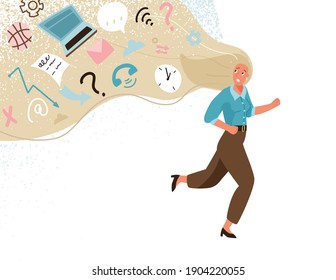 Information overload vector illustration concept. Young business woman running away from info data stream pressure. Overwhelmed person is afraid of being buried under information rubble.