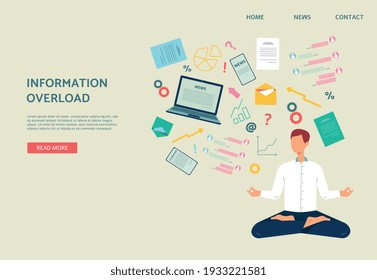 Information overload web banner template with businessman meditating to distract himself from anxious news and information flow, flat vector illustration.