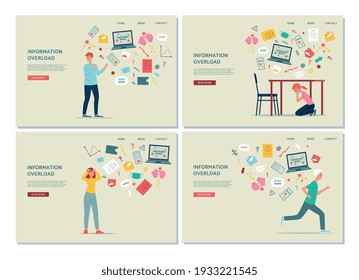 Information overload web banners set with people suffering of information stress and disturbing news, flat vector illustration. Webpages on info overload.
