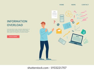 Information overload website banner with worried stressed man defends himself against news stream, flat vector illustration. Information overloading and stress of news.